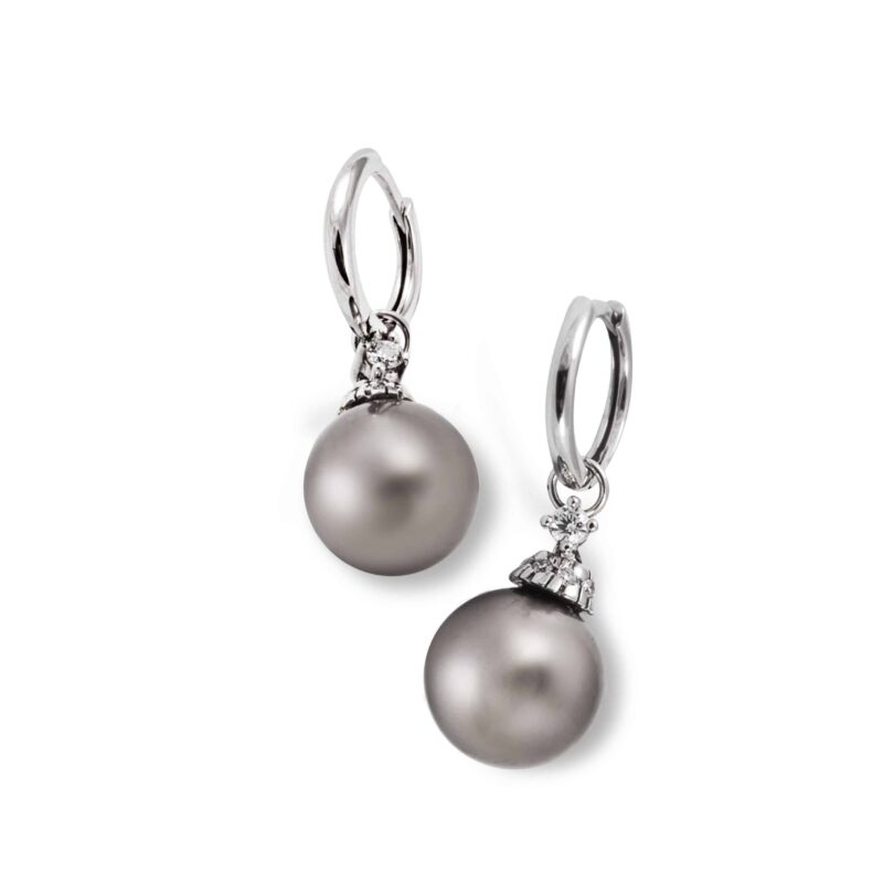 18k White gold diamond earrings with round 10.5 mm Tahiti pearls. 