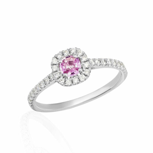 CUSHION PINK SAPPHIRE PAVÉ HALO DIAMOND ENGAGEMENT RING OROGEM Jewelers Engagement Rings