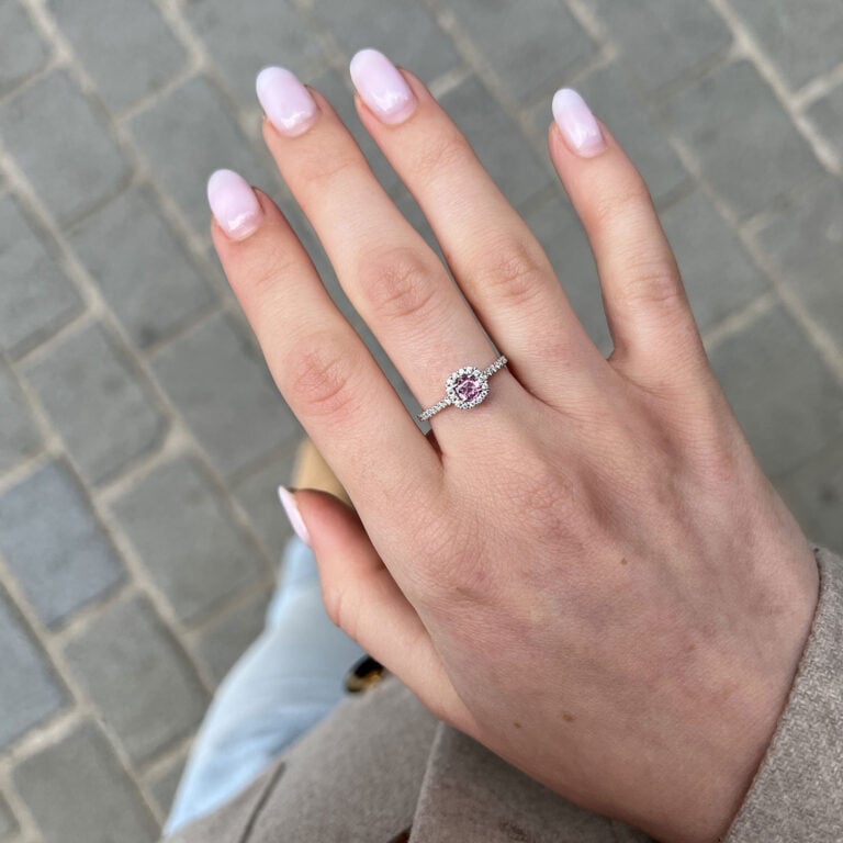 Cushion pink sapphire pavé halo diamond engagement ring