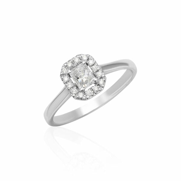 Rectangular brilliant with halo diamond engagement ring