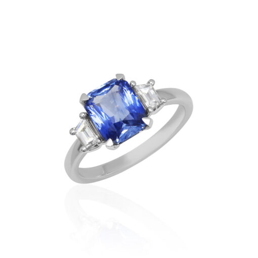Three-stone radiant sapphire and diamonds ring OROGEM Jewelers Engagement Rings