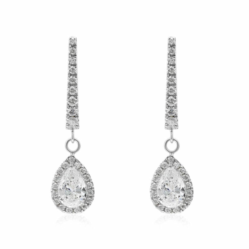 1.00 Carat Diamond drop halo earrings OROGEM Jewelers Engagement Rings