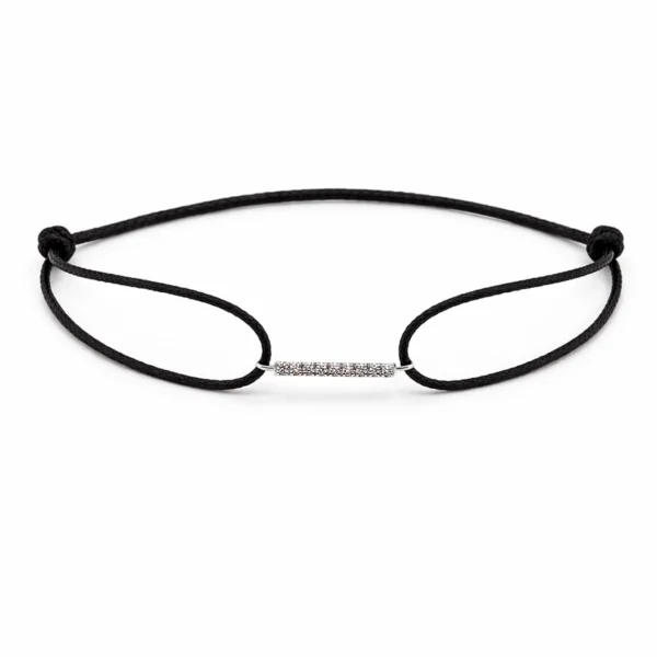 Adjustable black cord bracelet with 0.06 ct round brilliant cut natural diamonds D-E-F VS set in 18K white gold