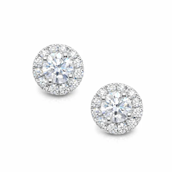 Round diamond halo stud earrings in 18k white gold front view