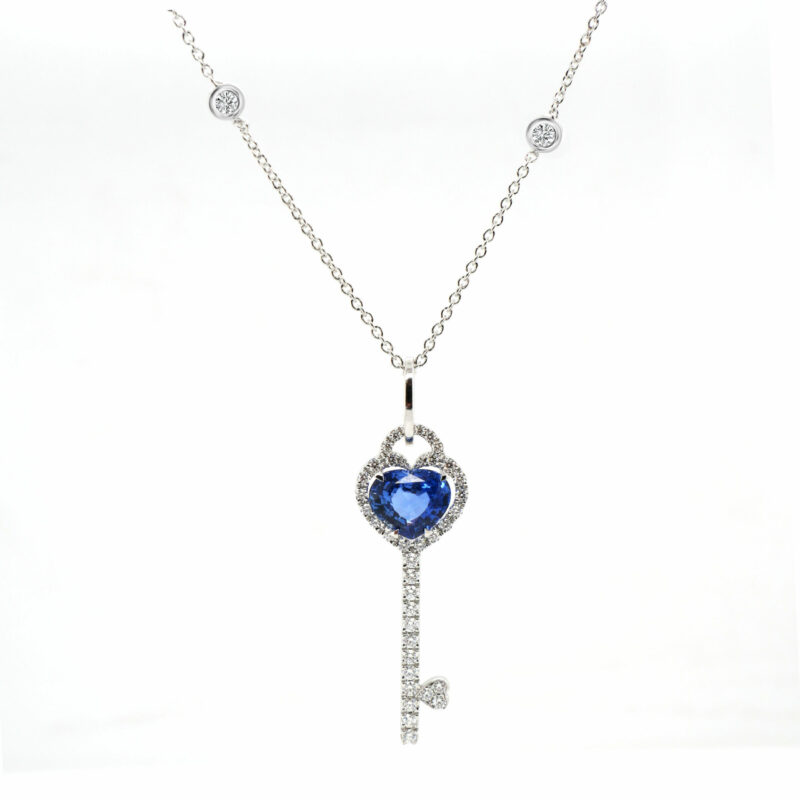 2.02 Ct Sapphire With Halo Diamonds Key Pendant