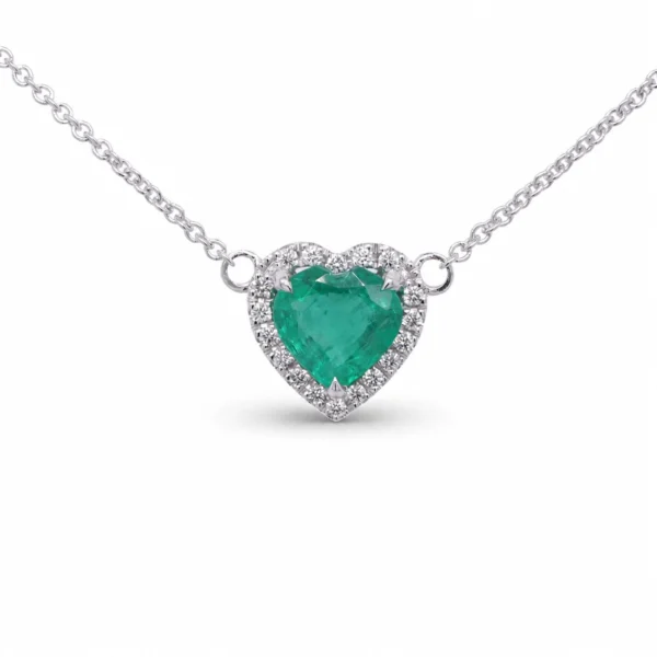 1.28 Carat Heart-Cut Emerald Halo Pendant- Timeless Elegance In White Gold