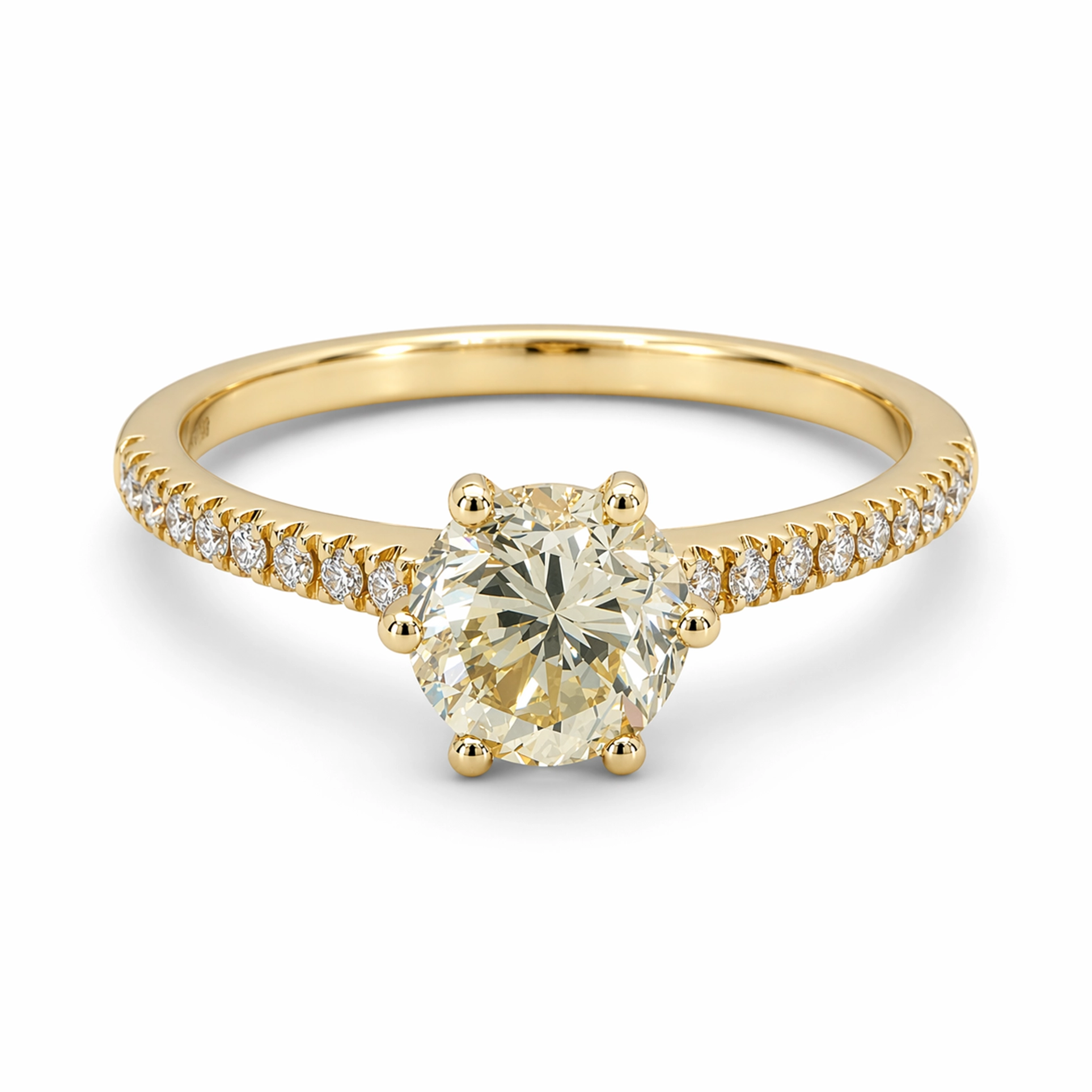Bague De Fiançailles Diamant Jaune Pavé En Or Jaune 18K | Gia 1,00 Ct 4 - Orogem Jewelers Vue De Face D’une Bague De Fiançailles Diamant Jaune Pavé En Or Jaune 18K Avec Diamant Rond Gia De 1,00 Ct Fly Si2 Et 0,12 Ct De Diamants Pavé D–F Vs.