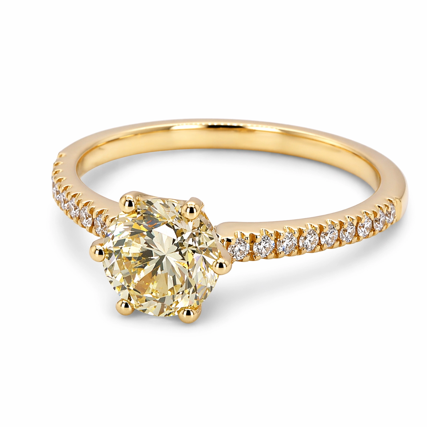 Bague De Fiançailles Diamant Jaune Pavé En Or Jaune 18K | Gia 1,00 Ct 5 - Orogem Jewelers Vue Trois-Quarts D’une Bague Diamant Jaune En Or Jaune 18K Avec Diamant Fancy Light Yellow Rond Et 0,12 Ct De Diamants Blancs Pavé.
