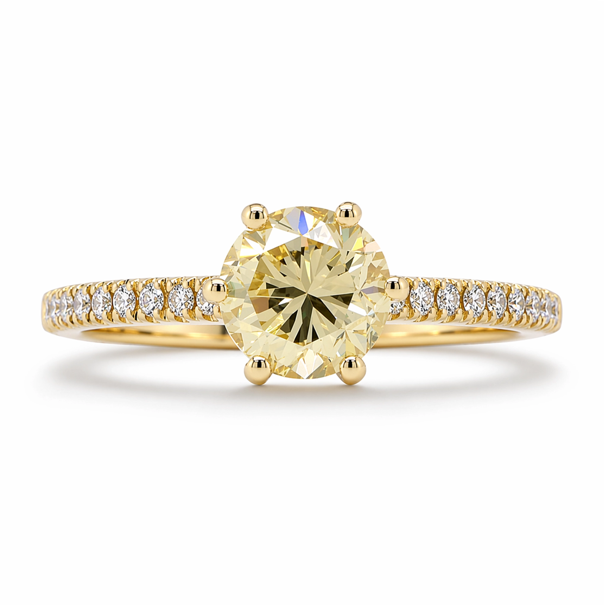 Bague De Fiançailles Diamant Jaune Pavé En Or Jaune 18K | Gia 1,00 Ct 1 - Orogem Jewelers Vue De Face D’une Bague De Fiançailles Diamant Jaune Pavé En Or Jaune 18K Avec Diamant Rond Gia De 1,00 Ct Fly Si2 Et 0,12 Ct De Diamants Pavé D–F Vs.
