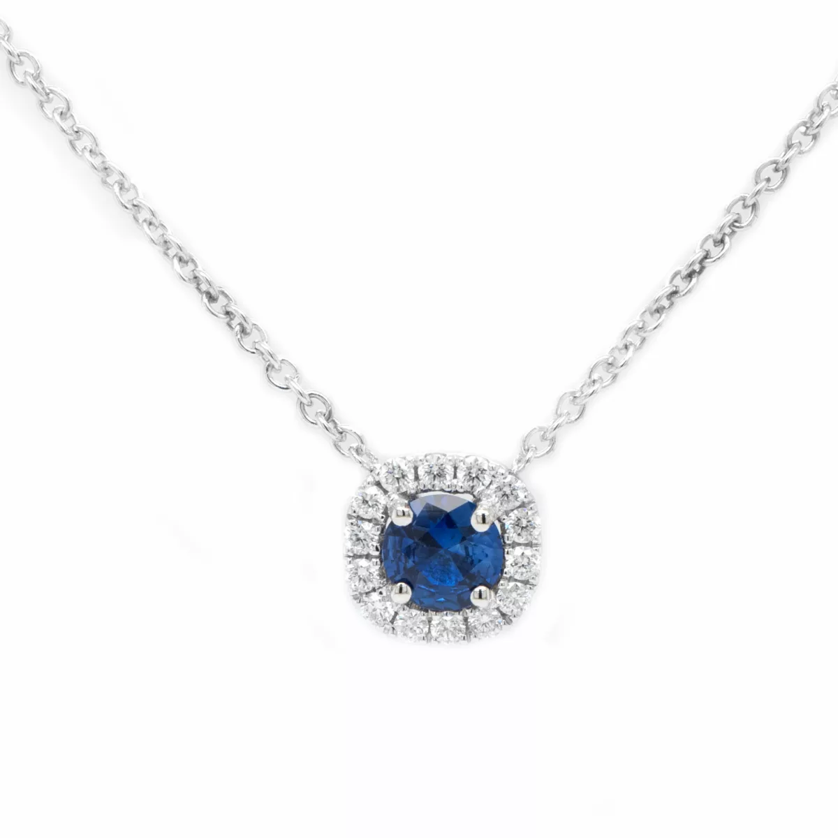 Orogem 18k White Gold Round Blue Sapphire Halo Necklace - OROGEM Jewelers