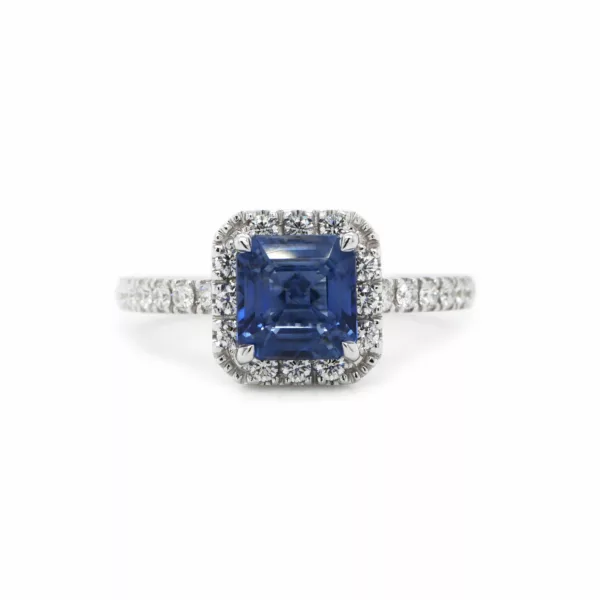 Square Emerald cut Sapphire and pavé diamond ring