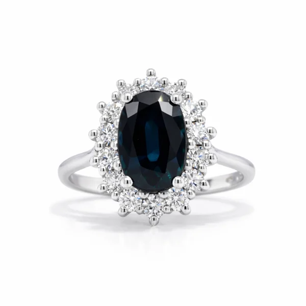 Bague Halo Saphir Bleu Ovale 2,53 Ct En Or Blanc 18K Avec 0,58 Ct De Diamants Taille Brillant D-F
