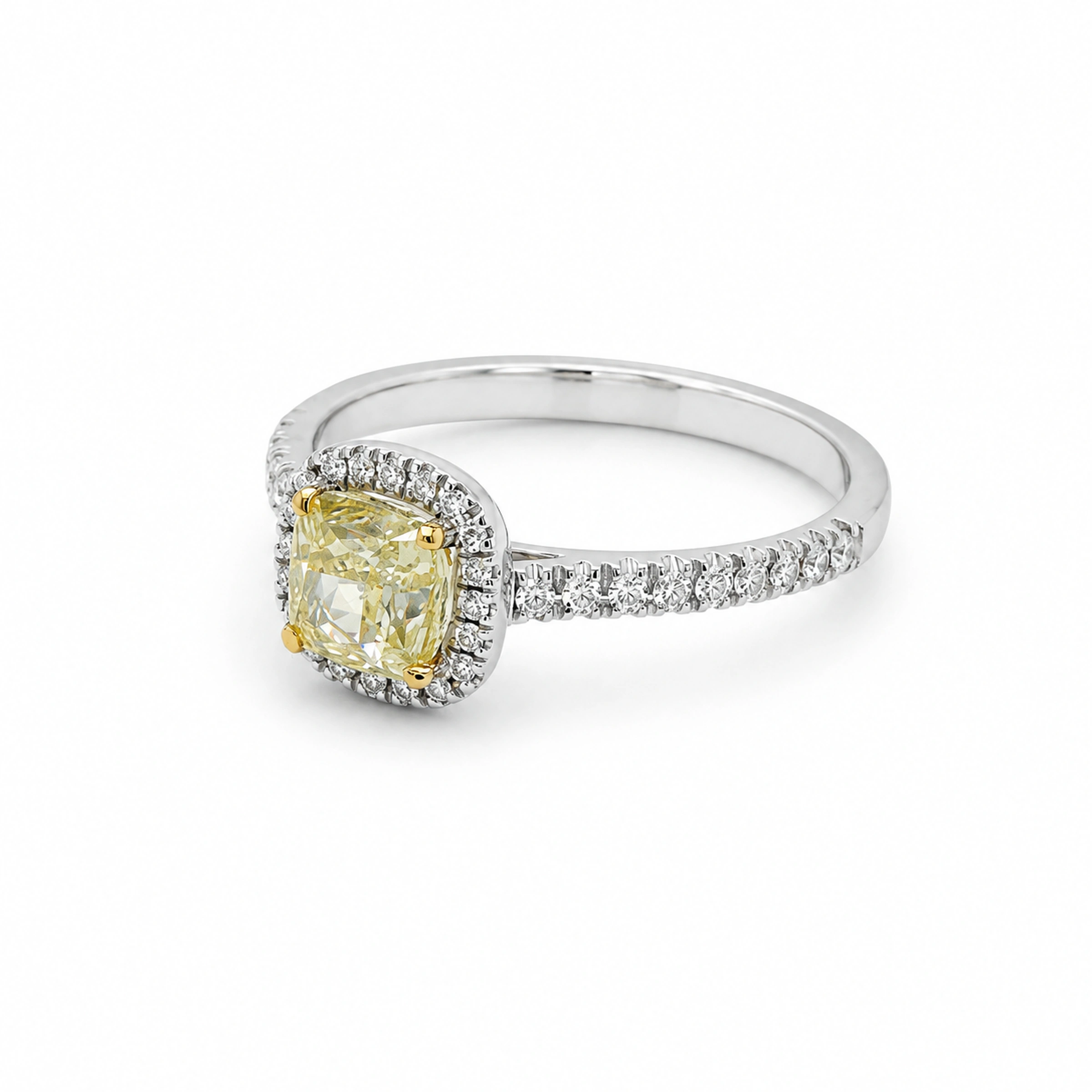 Fancy Intense Yellow Diamond Halo Ring 1.01 Ct Gia 18K White Gold11 Angled View Of Cushion Yellow Diamond Halo Ring With 0.19 Ct D–F Vs Diamonds Set In Polished 18K White Gold.