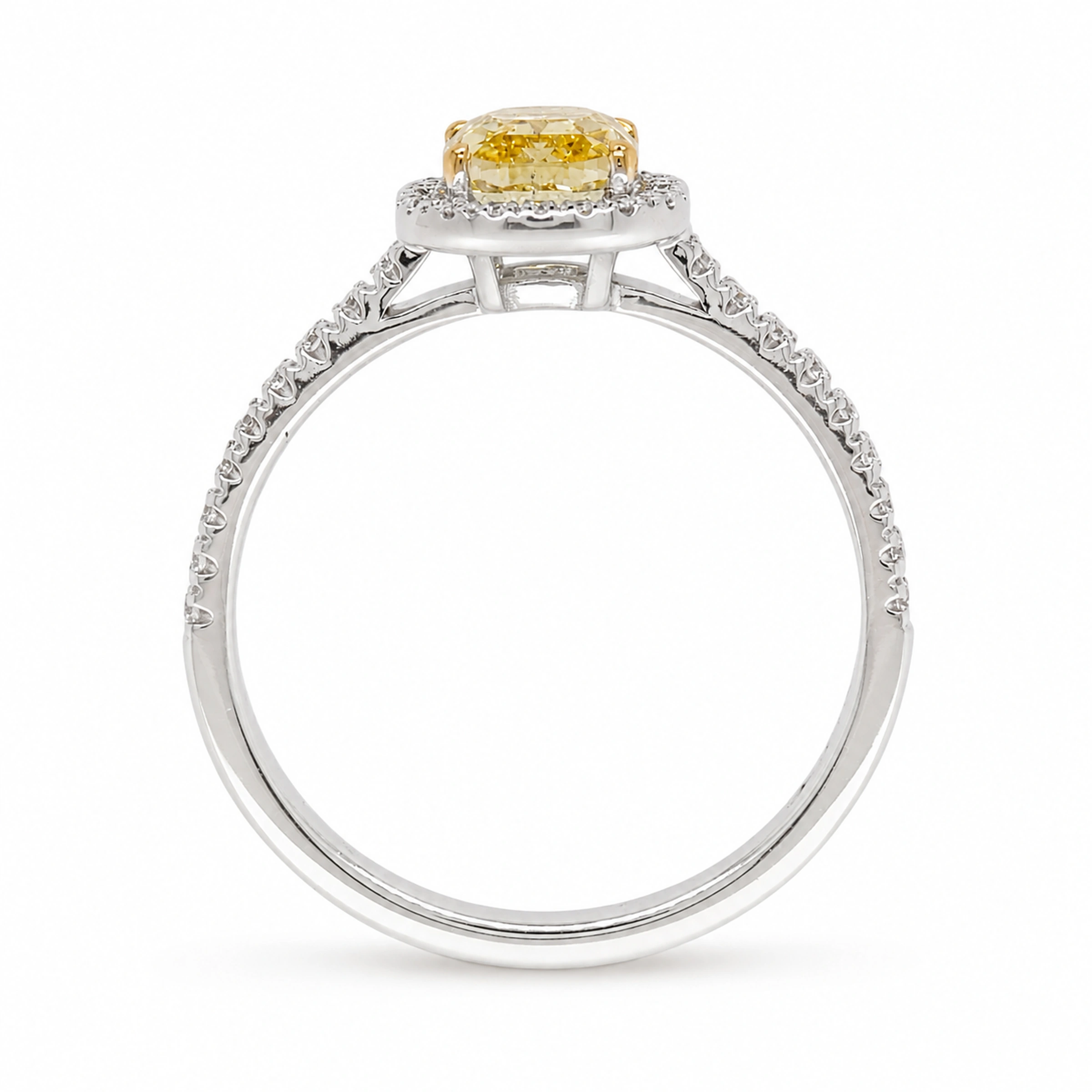 Fancy Intense Yellow Diamond Halo Ring 1.01 Ct Gia 18K White Gold14 Side Profile Of Yellow Diamond Halo Ring Showing Raised Cushion Setting, Open Gallery And Pavé-Set 18K White Gold Shoulders.