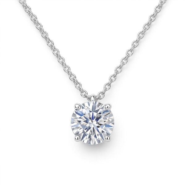 Pendentif solitaire diamant rond brillant 1,01 ct certifié HRD, couleur F, pureté SI2, monté sur chaîne en or blanc 18K