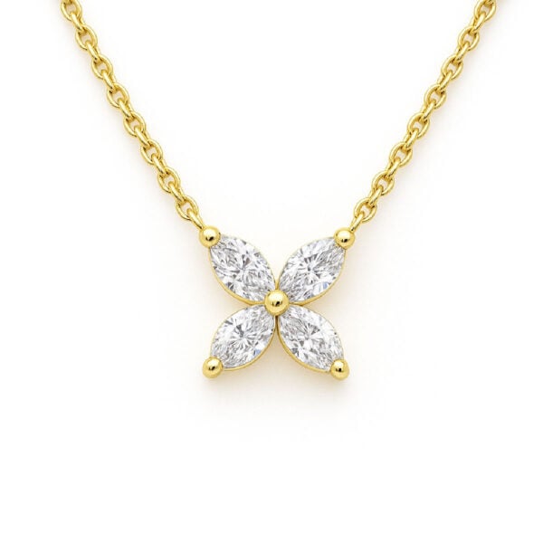 Bloemvormige hanger met 0,38 ct F VS marquise geslepen diamanten in 18K geelgoud