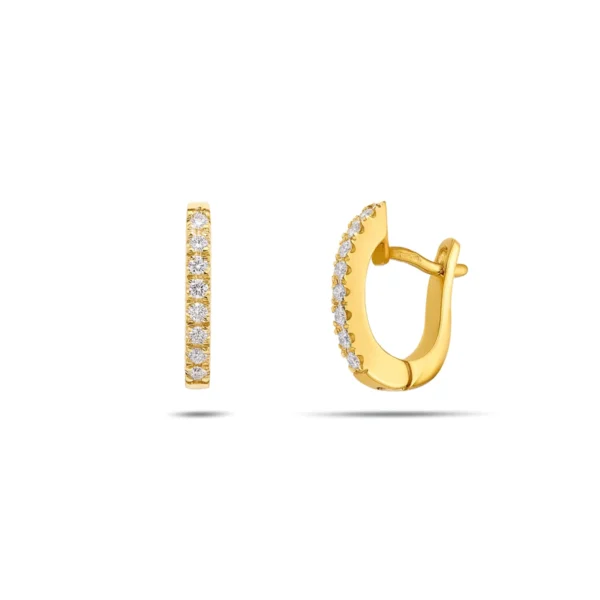 Petites créoles en or jaune 18k serties d’une rangée de diamants taille brillant, présentées de face et de côté.