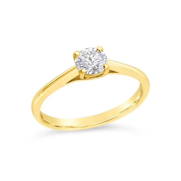 Solitaire engagement ring with 0.40 carat round GIA-certified diamond set in 18K yellow gold, front angle.