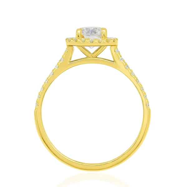 Halo ring in 18K yellow gold featuring a 0.70 carat GIA-certified diamond and 0.29 carats of natural diamonds on the halo and band, angled view.
