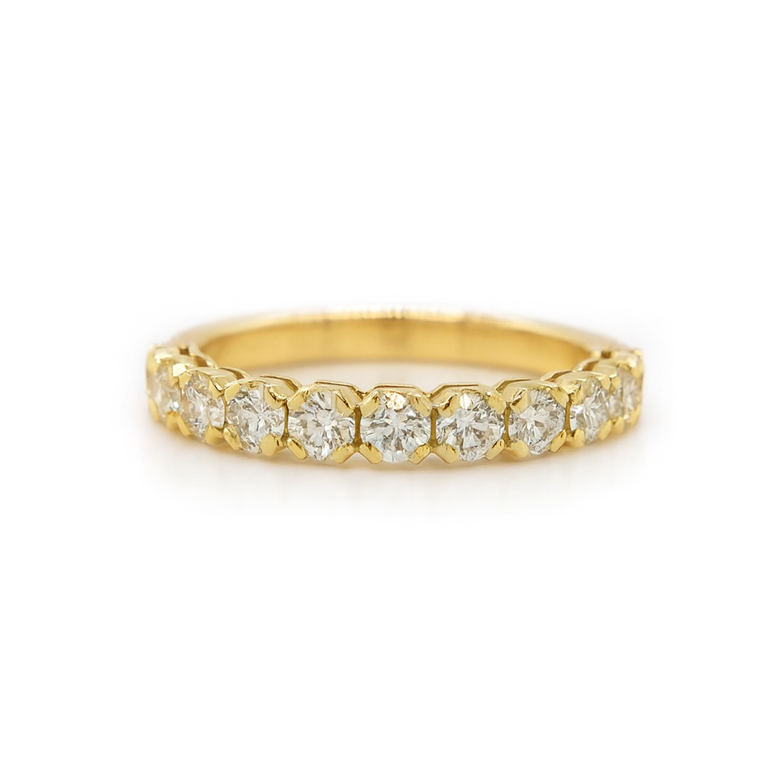 1.10 Ct D–F Vs Diamond Eternity Band With Octagonal Prongs – 18K Yellow Gold 1 - Orogem Jewelers 1.10 Ct Diamond Half Eternity Band In 18K Yellow Gold With Octagonal Prongs