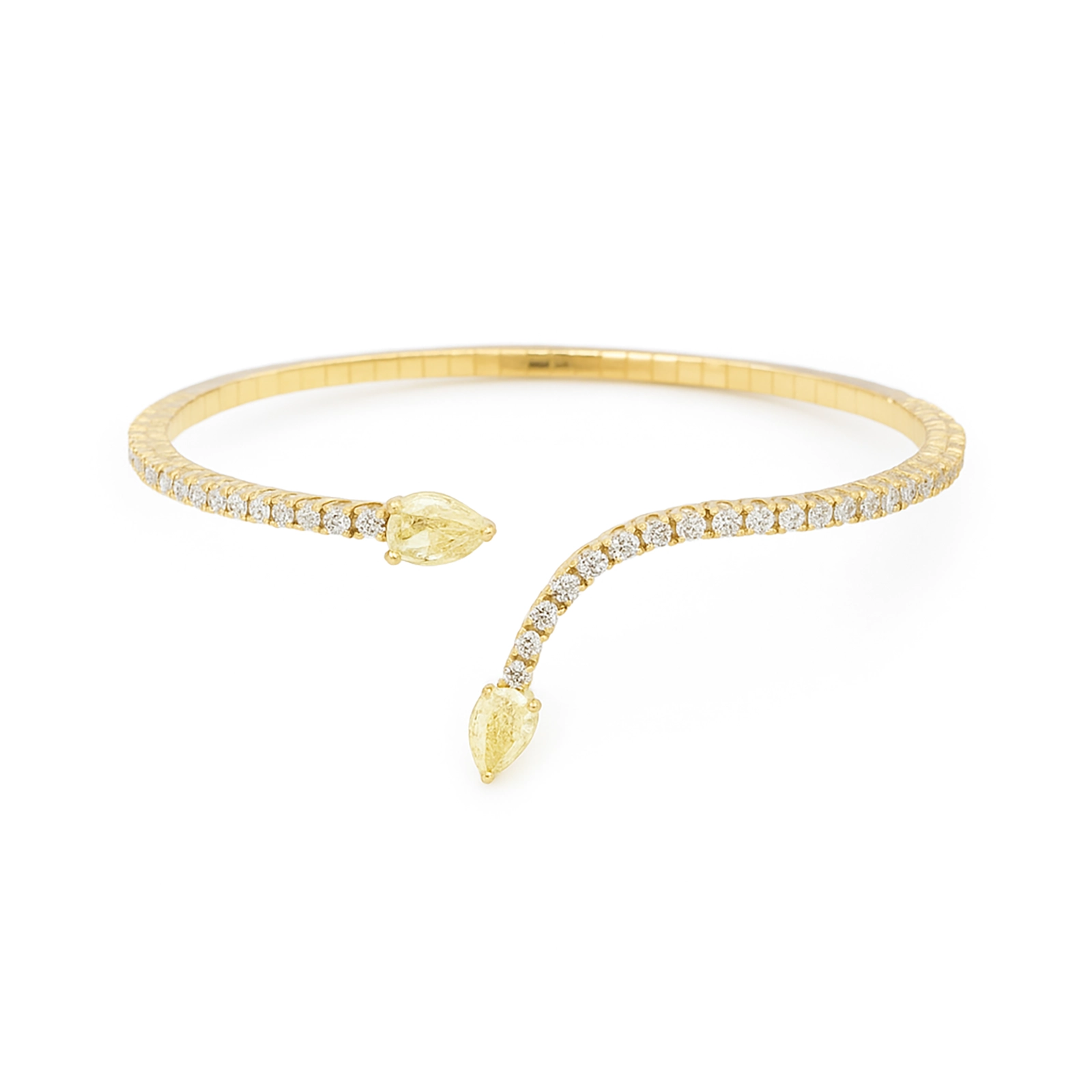 Bracelet Diamants Avec Poires Jaunes Et Blanches En Or 18K 1 - Orogem Jewelers Bracelet Ouvert En Or Jaune 18K Avec Diamants Poire Jaunes Et Pavage De Diamants Blancs.