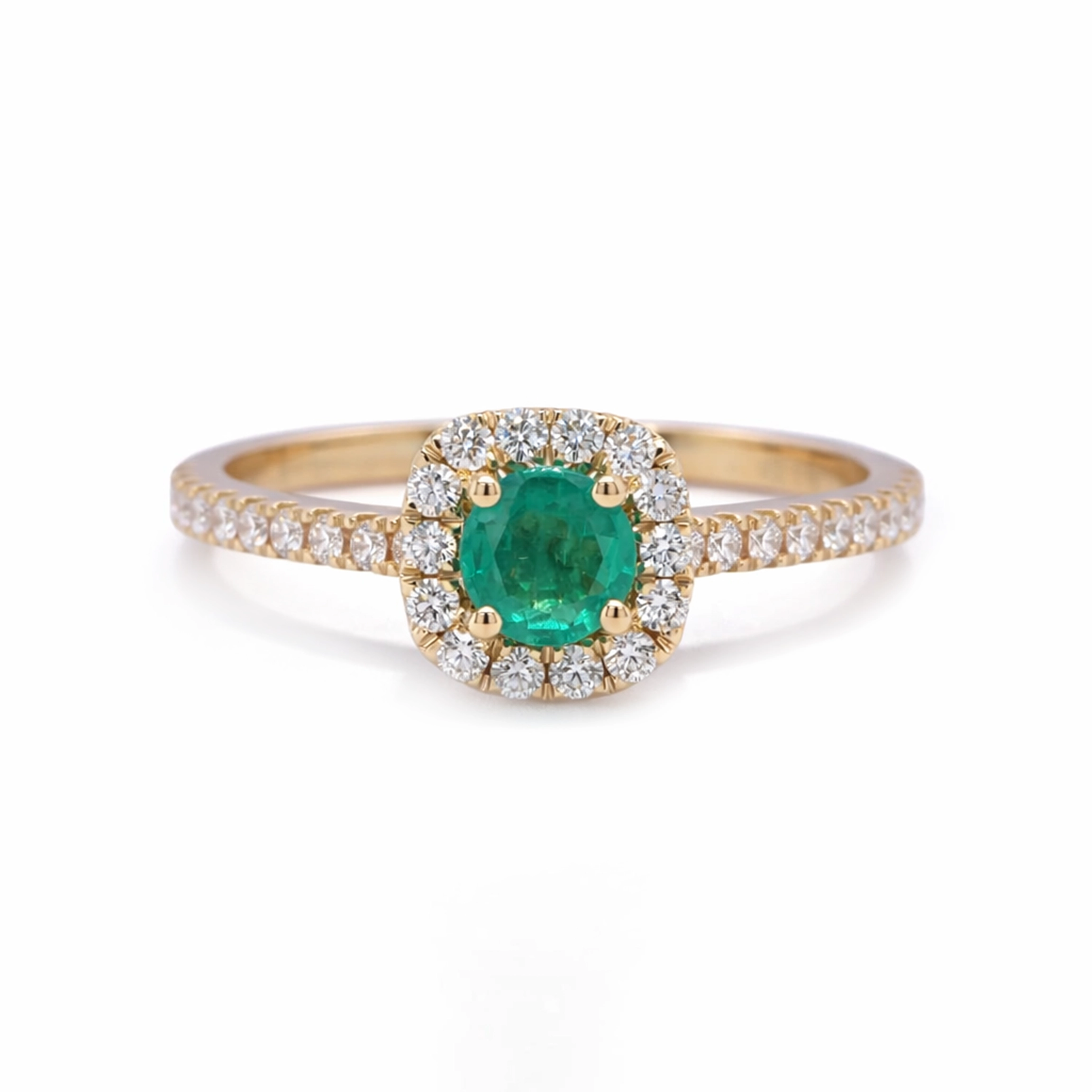 Yellow Gold Emerald Halo Ring – 0.27 Ct Emerald &Amp; Diamond Pavé 1 - Orogem Jewelers Yellow Gold Emerald Halo Ring With 0.27 Ct Round Emerald And Diamond Pavé