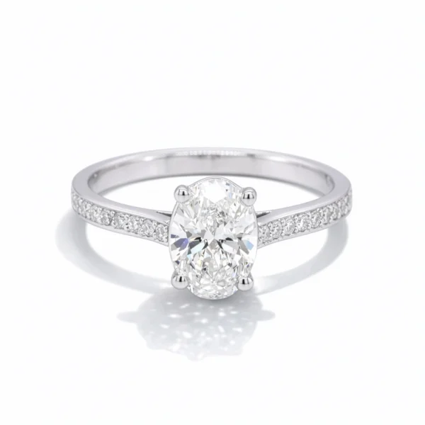 18K white gold ring with oval lab-grown diamond, angled side view