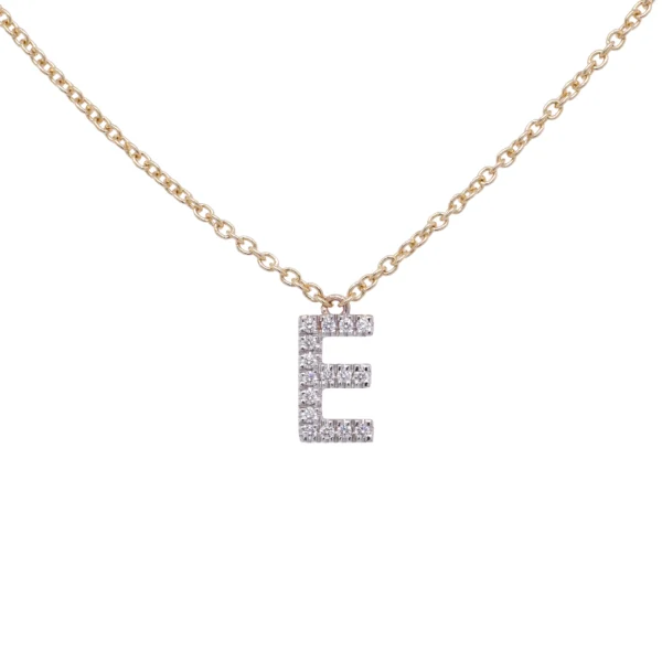 Collier lettre E en diamants avec chaîne en or jaune 18K et pendentif en or blanc