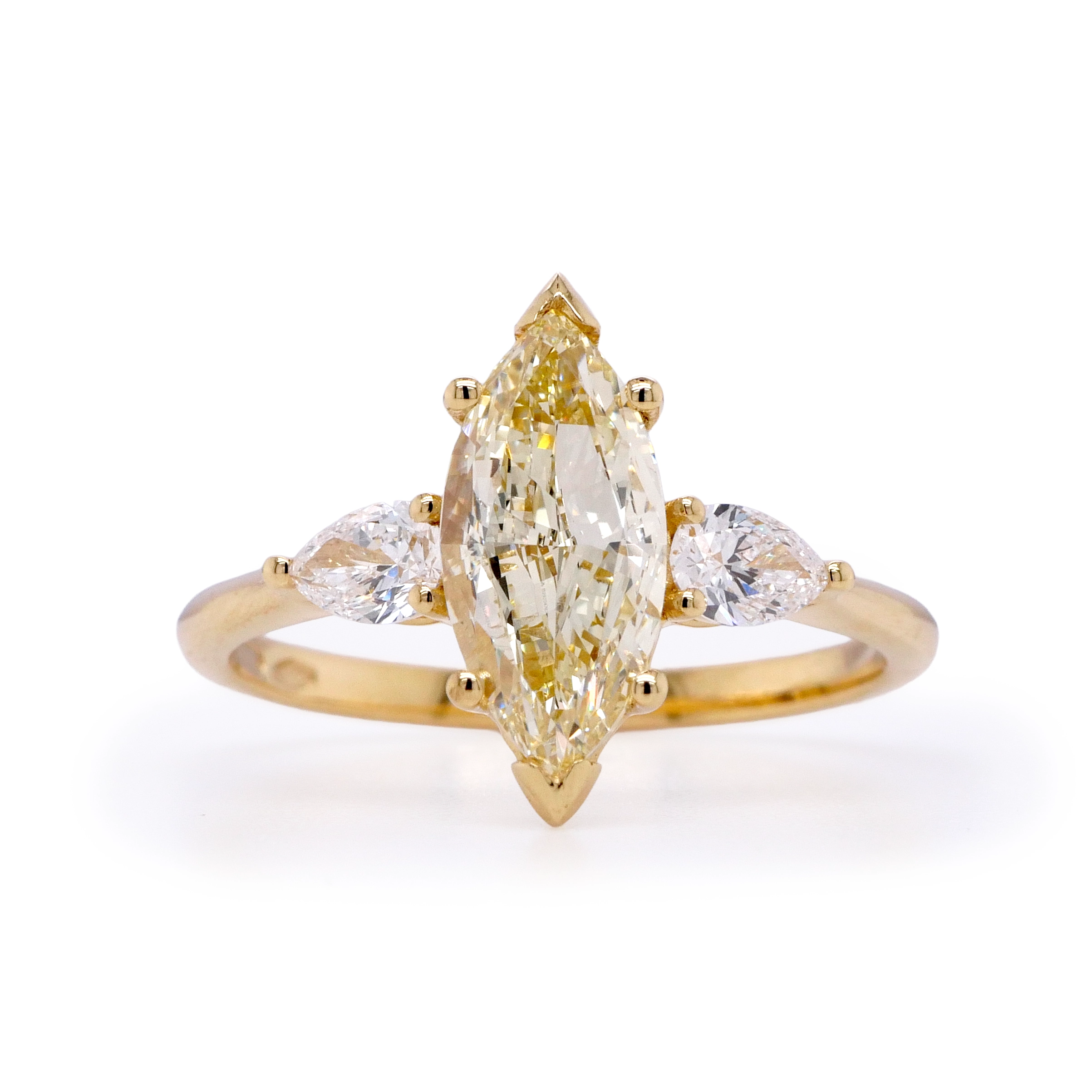 Marquise Yellow Diamond Ring With Pear Side Diamonds In 18K Gold 1 - Orogem Jewelers Marquise Yellow Diamond Ring With Pear Side Diamonds In 18K Yellow Gold