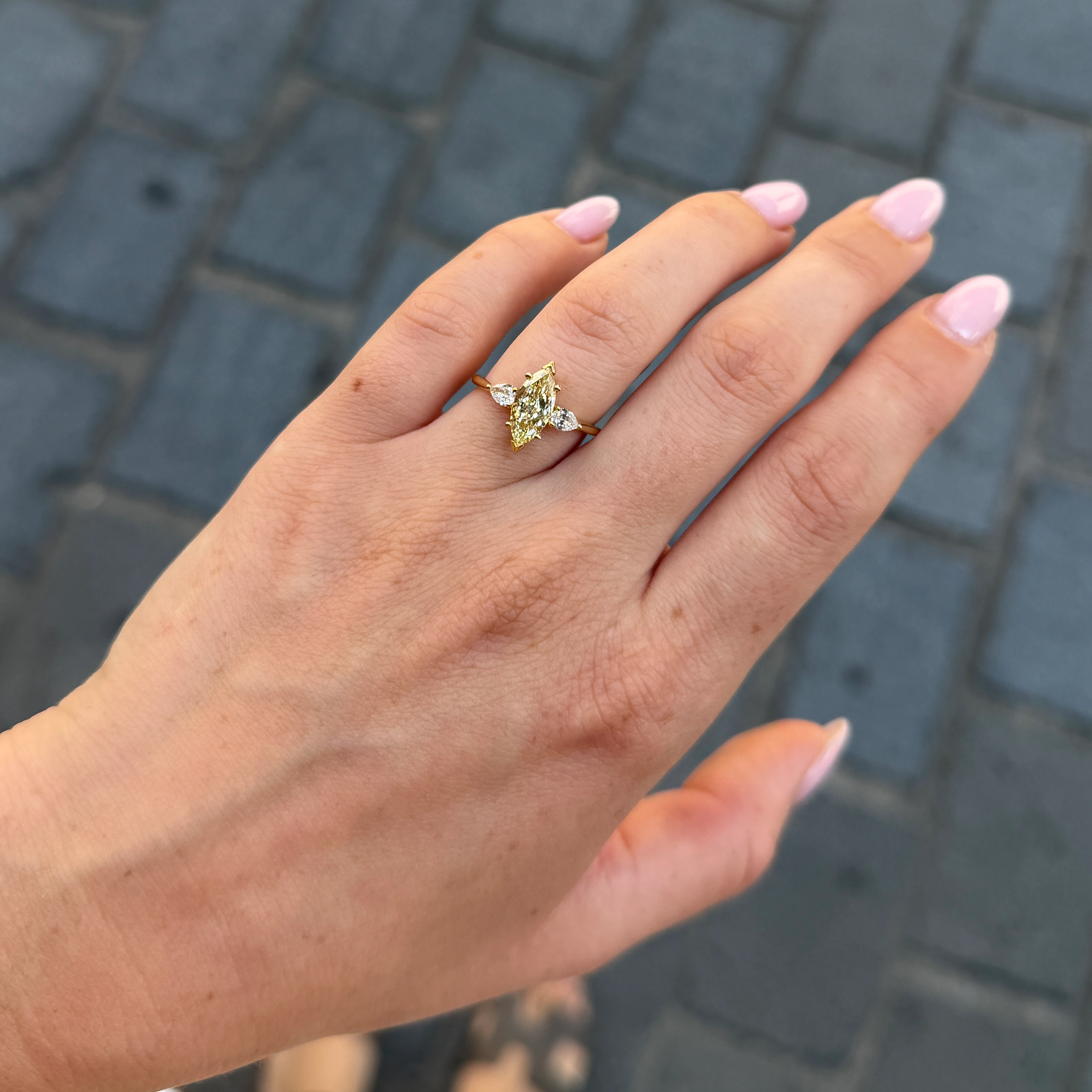 Marquise Yellow Diamond Ring With Pear Side Diamonds In 18K Gold3 Marquise Yellow Diamond Ring With Pear Side Diamonds In 18K Gold
