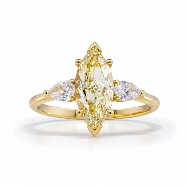 Front view fancy light yellow marquise 1.50 ct natural diamond ring in 18k yellow gold with 0.30 ct pear side diamonds