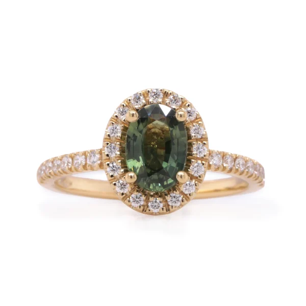 Bague halo saphir vert ovale avec diamants en or jaune 18k
