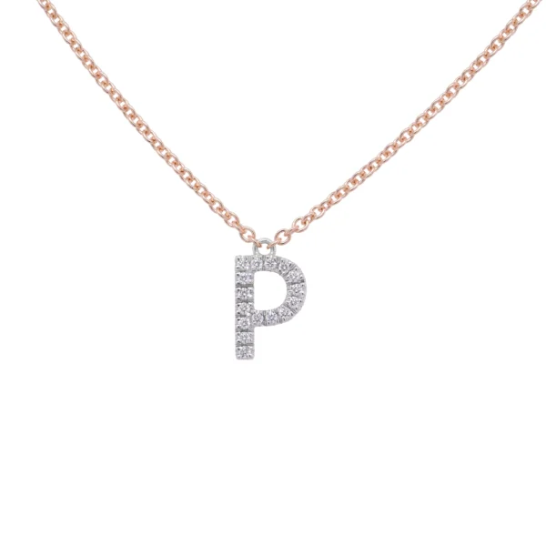 Collier lettre P en diamants avec chaîne en or rose 18K et pendentif en or blanc