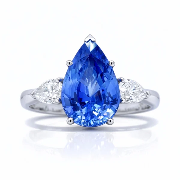 Vue De Face Bague Trois Pierres Saphir Poire Et Diamants