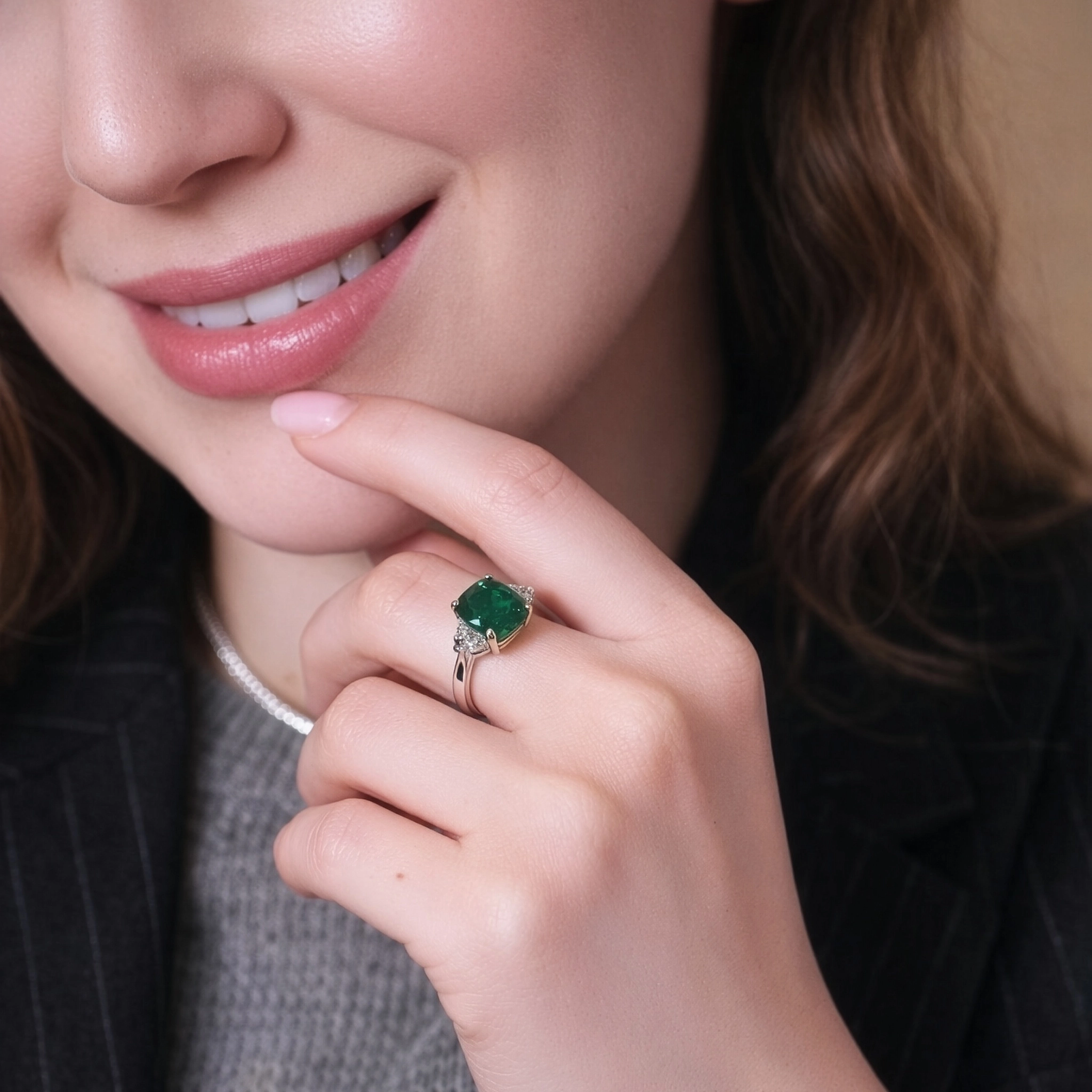 Anello Smeraldo Cushion 3,83Ct Con Diamanti Cadillac 7 - Orogem Jewelers Anello Bicolore Smeraldo E Diamanti Indossato Ritratto