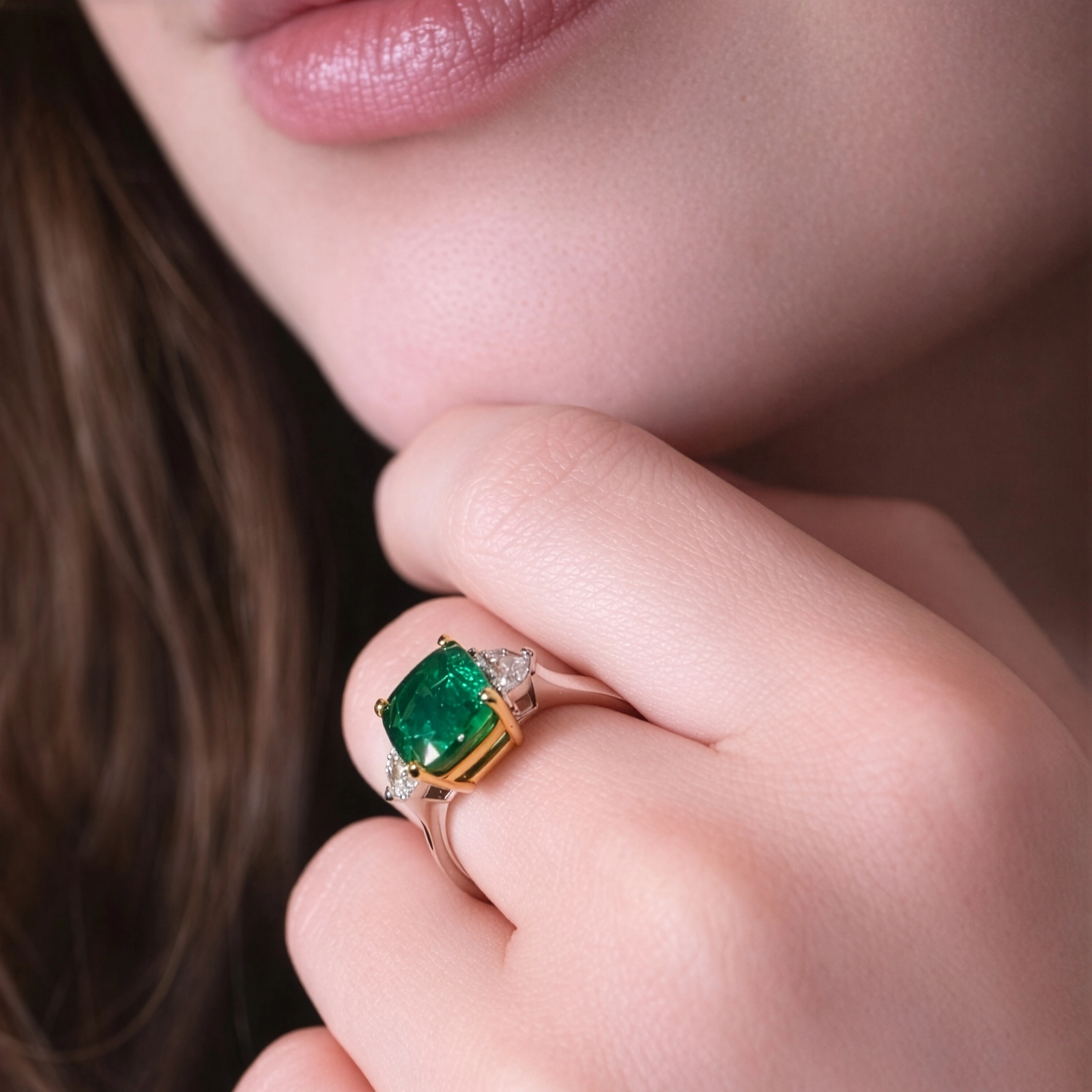 Anello Smeraldo Cushion 3,83Ct Con Diamanti Cadillac 10 - Orogem Jewelers Anello Smeraldo Cushion Indossato Primo Piano
