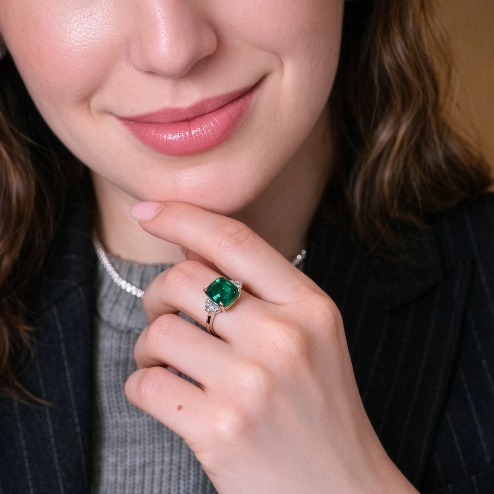 Anello Smeraldo Cushion 3,83Ct Con Diamanti Cadillac 4 - Orogem Jewelers Anello Bicolore Smeraldo E Diamanti Indossato Ritratto