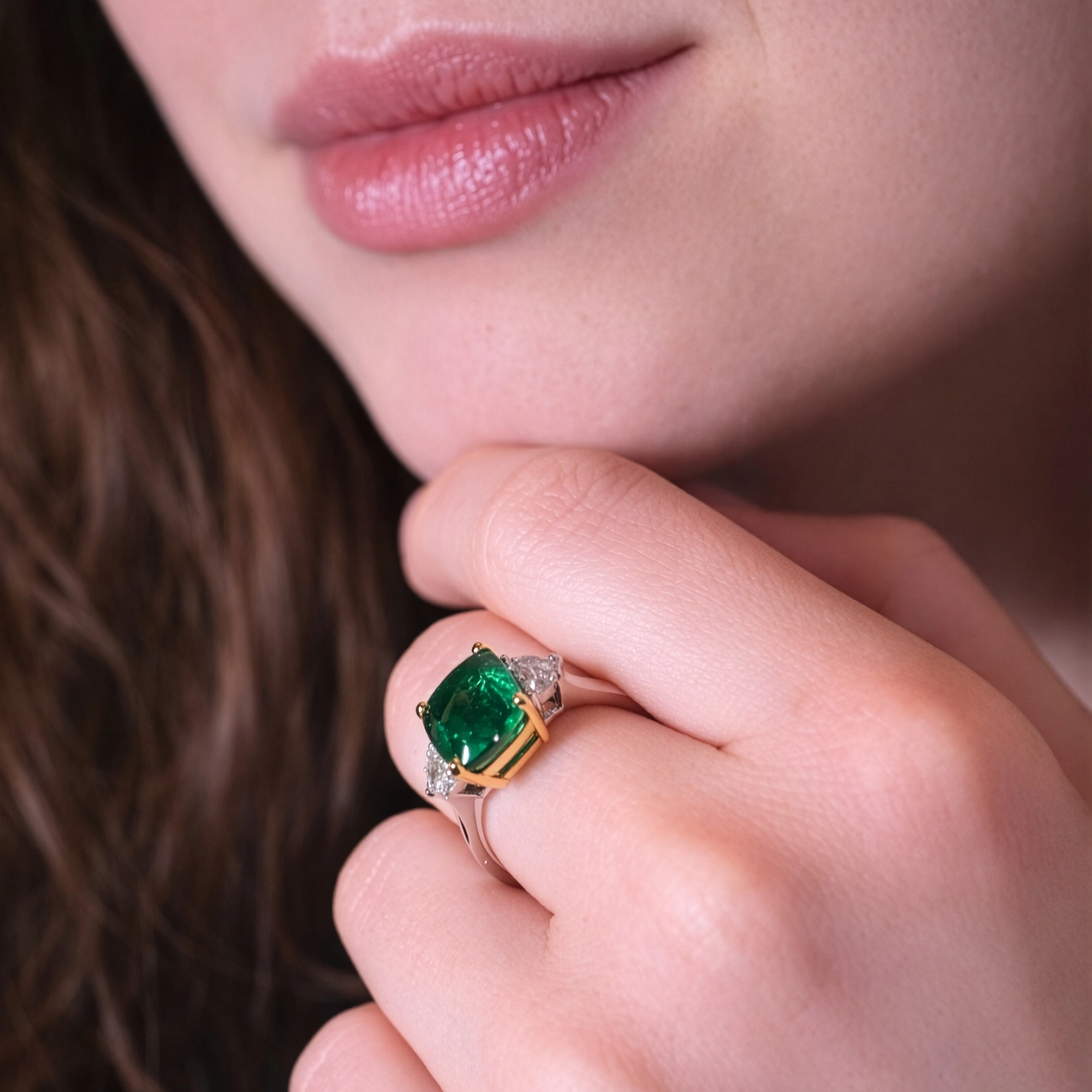 Anello Smeraldo Cushion 3,83Ct Con Diamanti Cadillac 2 - Orogem Jewelers Dettaglio Anello Smeraldo E Diamanti Indossato Al Dito
