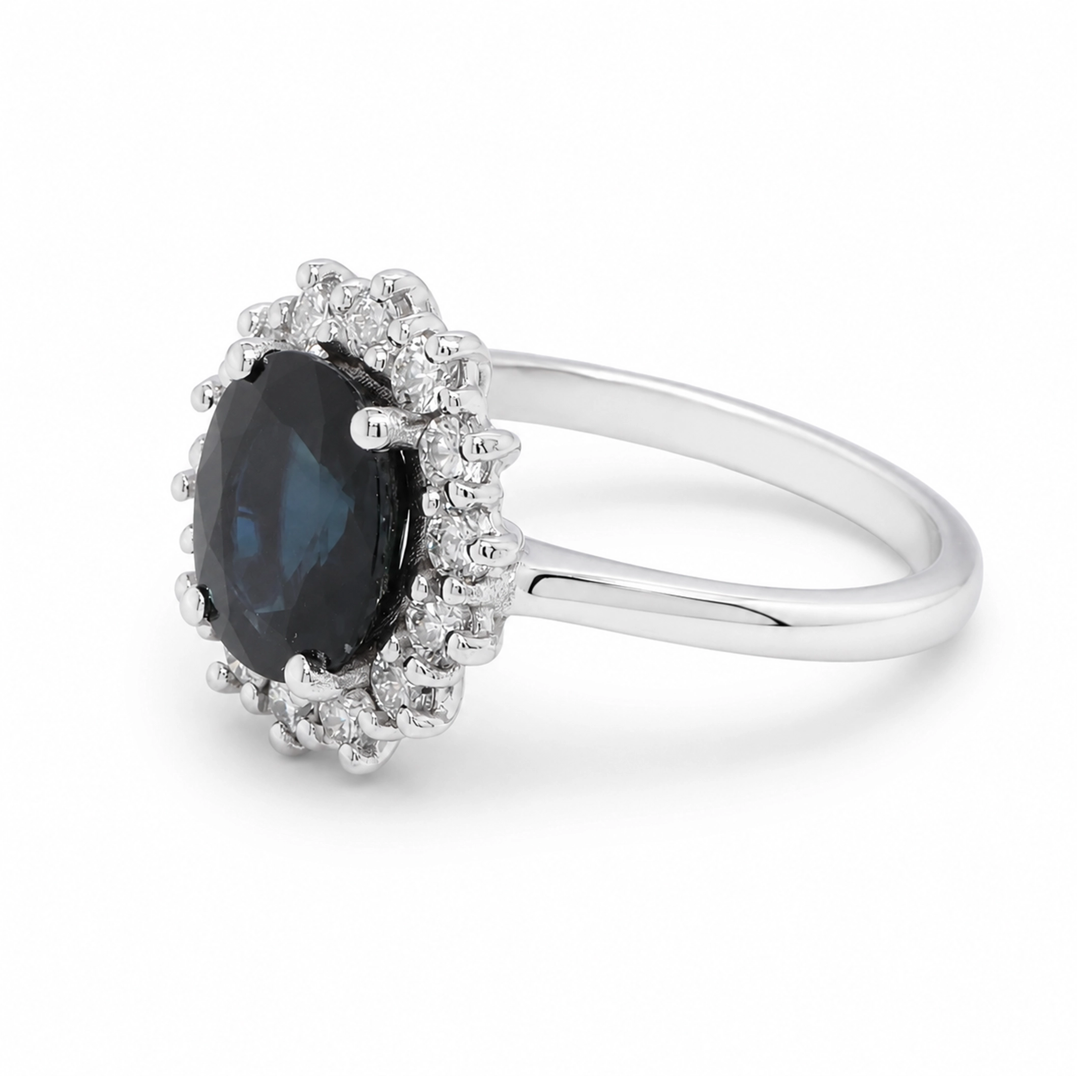 Blue Sapphire Diamond Ring In 18K White Gold With Oval Halo 5 - Orogem Jewelers Blue Sapphire Diamond Ring In 18K White Gold With Oval Halo - Image 5