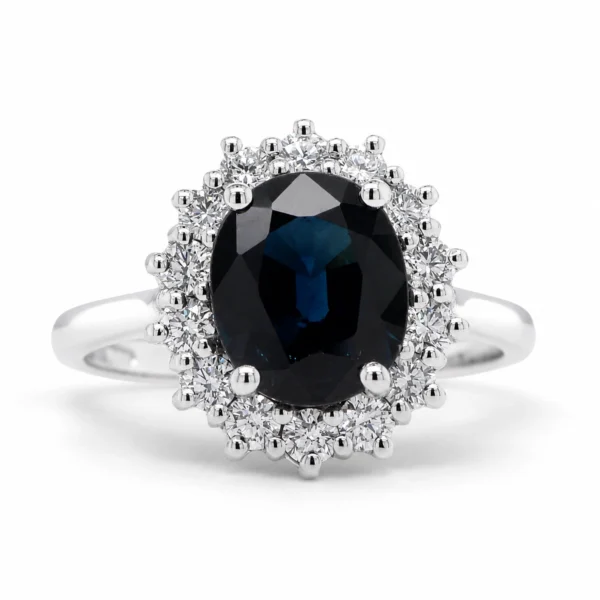 Blauwe saffier diamanten ring in 18k witgoud