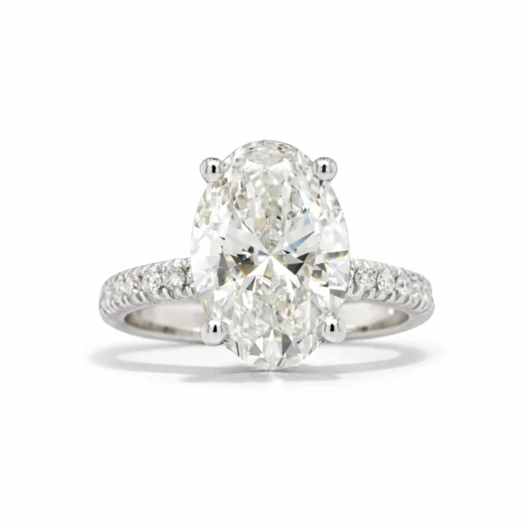 Front view of oval 3.08 ct lab-grown diamond ring with halo in 18K white gold