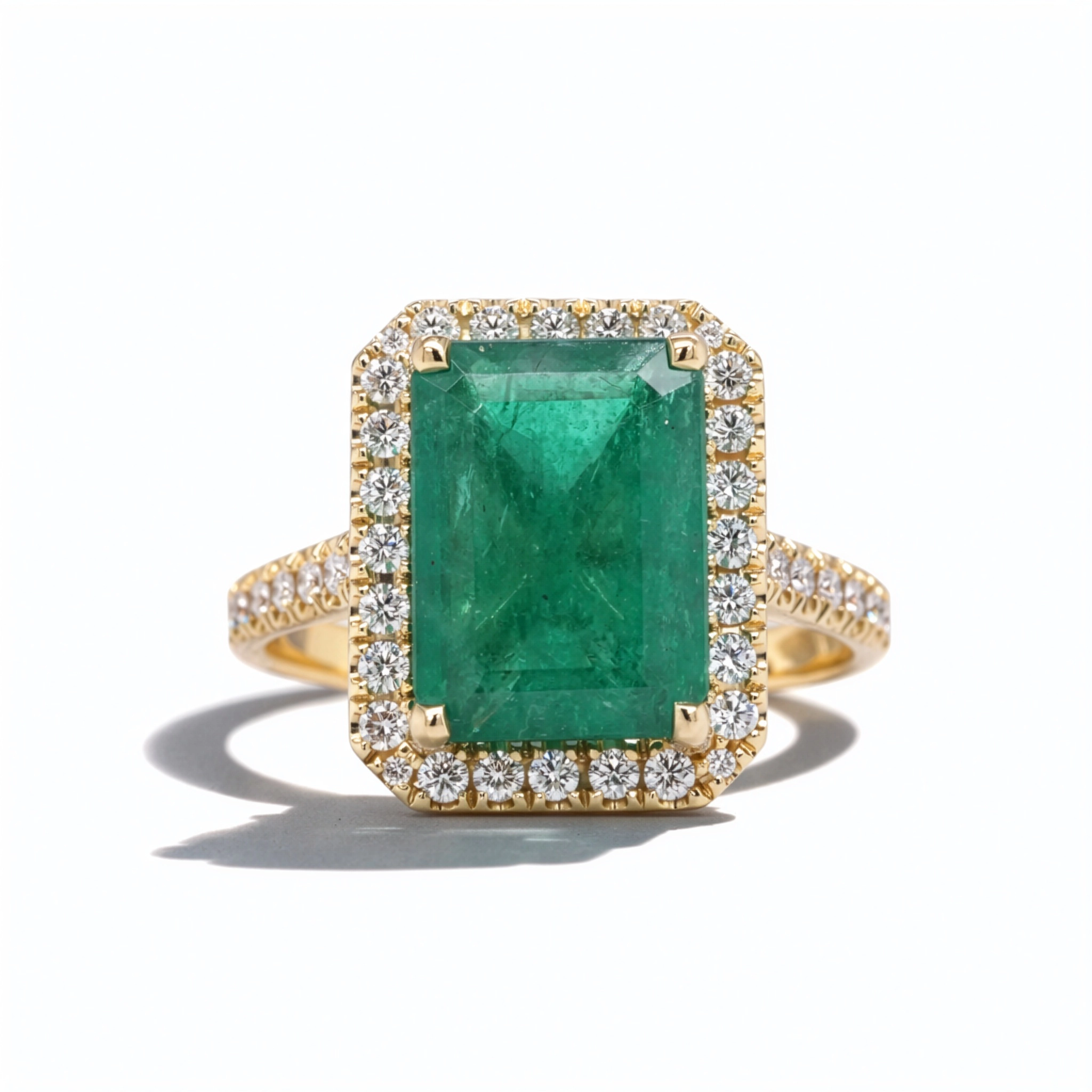 Emerald Cut Emerald Ring With Diamond Halo In 18K Yellow Gold 1 - Orogem Jewelers Emerald Cut Emerald Ring With Diamond Halo Front View In 18K Yellow Gold