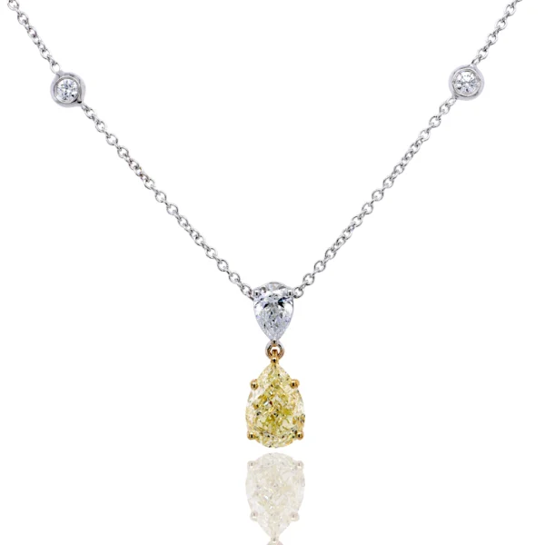 1.50 ct pear Y–Z VS1 GIA diamond pendant with 0.30 ct D VS2 GIA pear diamond and 0.26 ct D–F VS round diamonds in 18k white and yellow gold.
