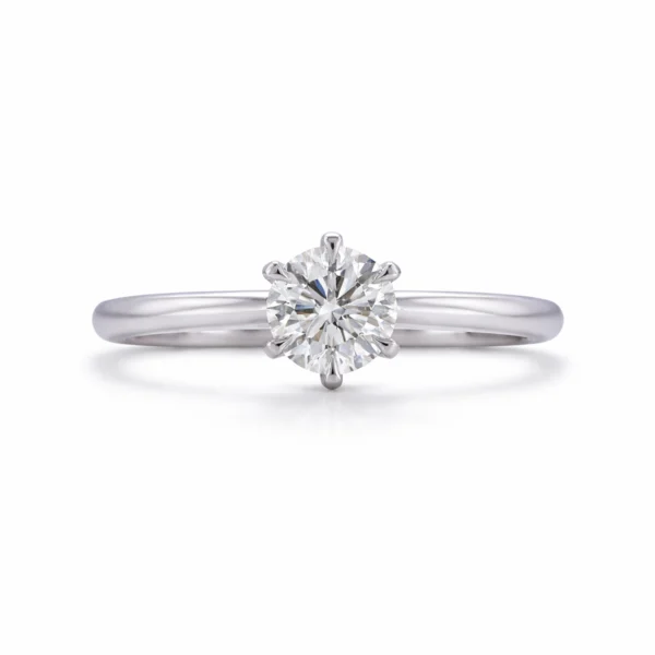 Front close-up of GIA 0.50 carat solitaire ring with a natural round brilliant diamond set in 18k white gold.