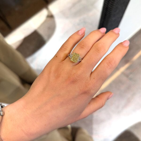 Radiant Yellow Diamond Three Stone Ring in 18k White Gold GIA