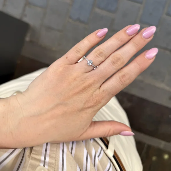0.50 Carat Oval Diamond Engagement Ring In 18K White Gold With Pavé Band And Mini Cathedral Setting, Natural E Color Si1 Oval Cut Diamond