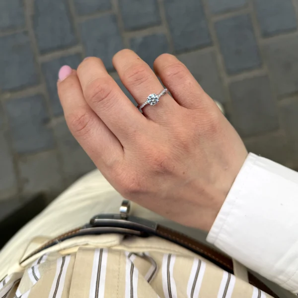 0.70 Carat Round Brilliant Diamond Engagement Ring In 18K White Gold With Pavé Band, Natural F Color Si1 Gia-Certified Diamond