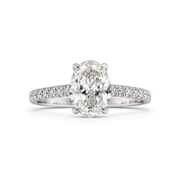1.00 carat oval lab diamond ring in 18k white gold with a 1.01 ct D VVS2 centre stone and 0.14 ct D–F VS pavé diamonds.