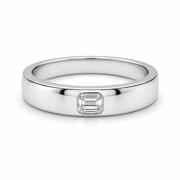 Emerald cut flush set ring in 18k white gold with a 0.23 ct GIA-certified F IF diamond, front view.