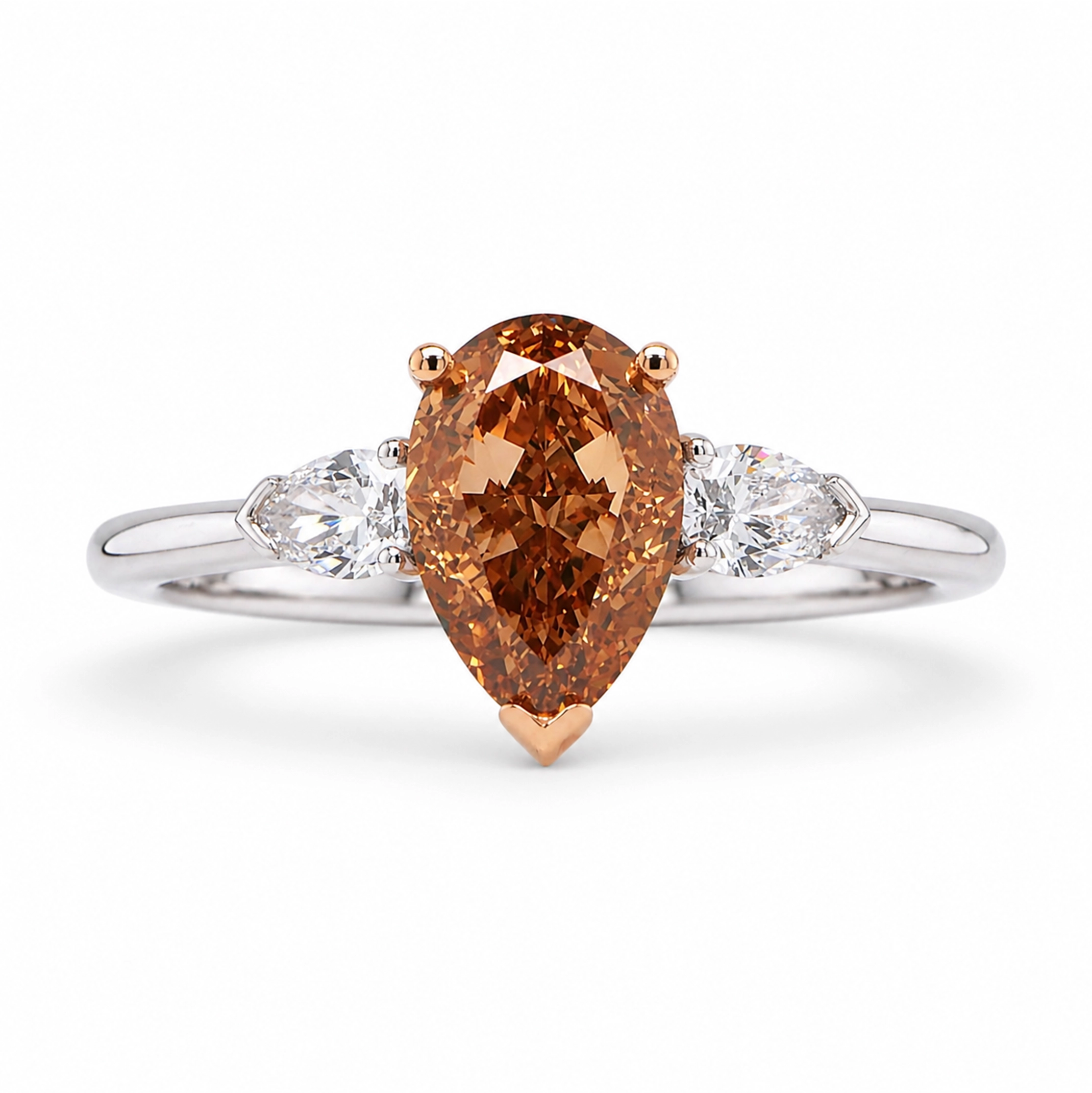 Fancy Brown-Orange Pear Diamond Ring In 18K White And Rose Gold 3 - Orogem Jewelers Pear-Shaped Fancy Brown-Orange Diamond Ring In 18K White And Rose Gold With A 1.73 Ct Gia-Certified Center Diamond And 0.27 Ct Pear-Cut Side Diamonds, Front View.